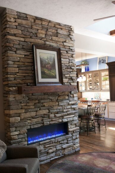 Stacked stone fireplace