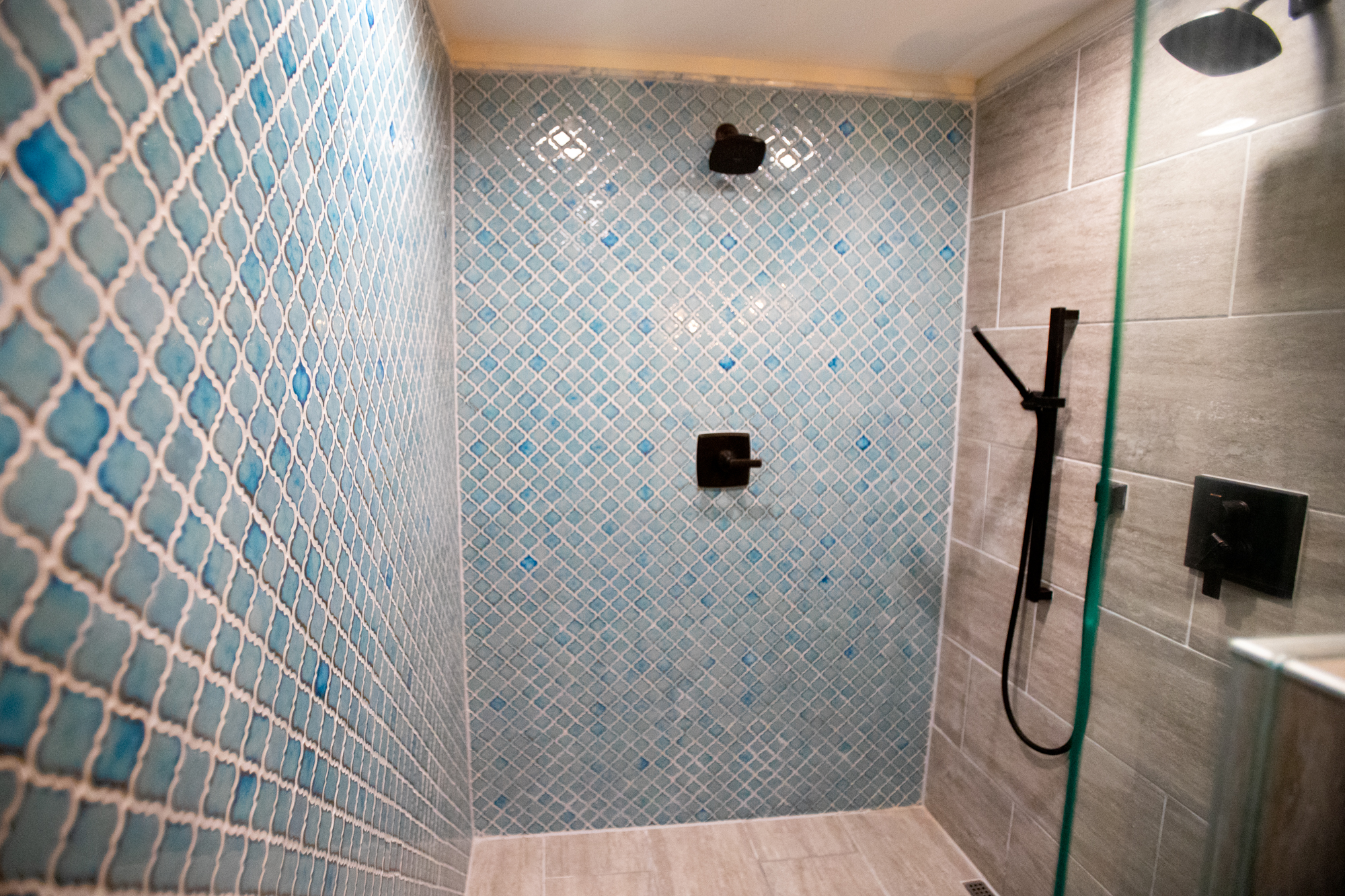 blue tile walk-in shower